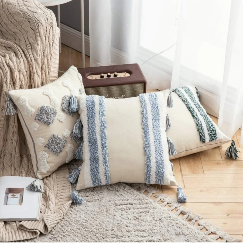 Luxury Home | Oversized Boho Chic Blue & White Tufted Tassel Corner Pillow Cover